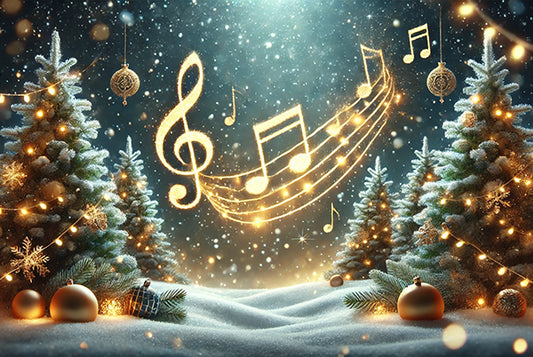 Music notes on a snowy, wintery background with Christmas trees and lights.