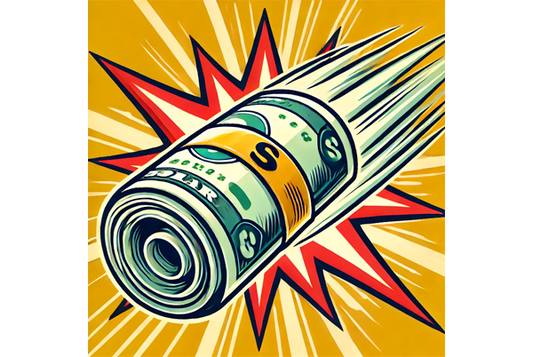 image of a roll of cash with an action, comic style starburst background