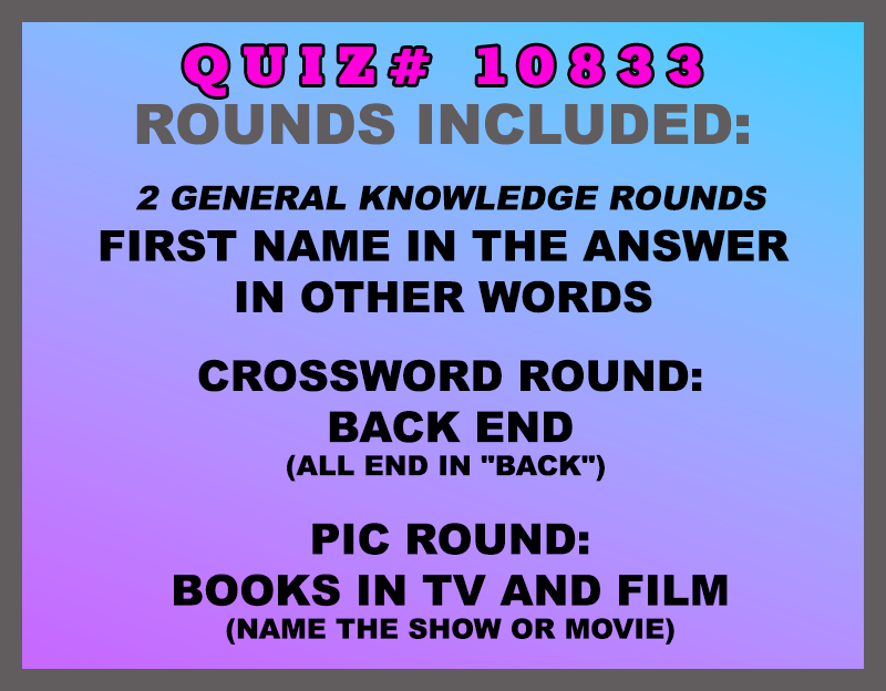 Included in this packet:
First Name in the Answer 
In Other Words 
Crossword Round:
Back End (All end in "BACK") 
Pic Round:
Books in TV and Film (Name the show or movie)
All past quizzes also include two General Knowledge rounds