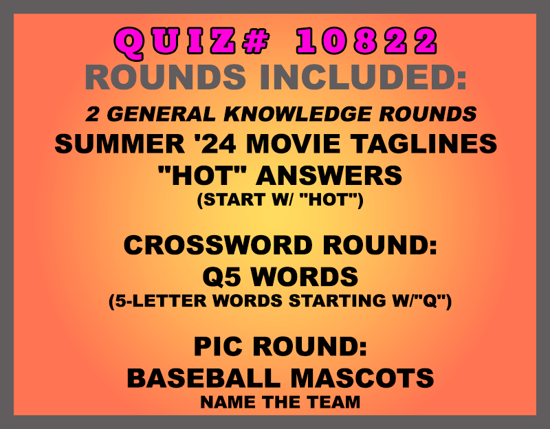 Included in this packet: Summer '24 Movie Taglines  "Hot" Answers (start w/ "hot")  Crossword Round: Q5 Words (5-letter words starting w/"Q") Pic Round: Baseball Mascots Name the team All past quizzes also include two General Knowledge rounds